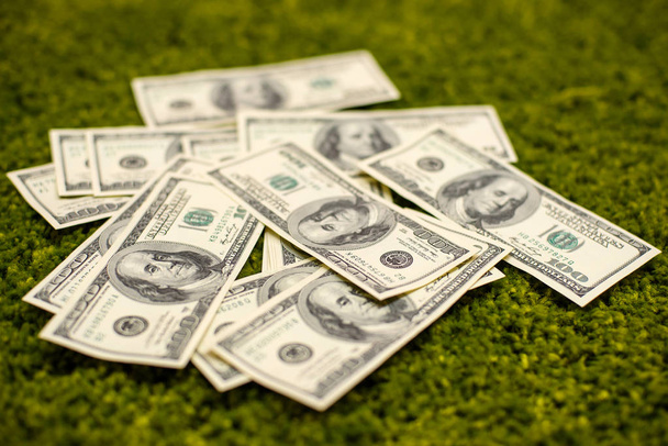 Bons de dollars posés sur un fond de tapis d'herbe verte
 - Photo, image