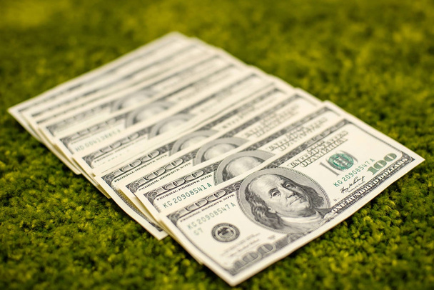 notas de dólar que colocam em um fundo tapete de grama verde
 - Foto, Imagem