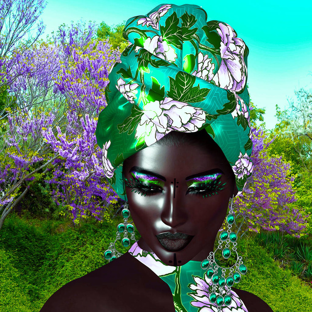 African Queen, Fashion schoonheid. Een prachtige kleurrijke foto van een mooie vrouw met bijpassende make-up, accessoires en kleding tegen een florale achtergrond. 3D digitale kunst maken perfect voor thema's van schoonheid, diversiteit, trots en meer! - Foto, afbeelding