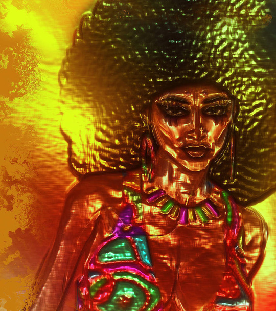 Afro kobieta sztuka, sztuka cyfrowa kolorowy z streszczenie tło vintage i retro spojrzenie. Idealny dla motywy różnorodności, uroda, moda, disco, sztuki i więcej! 3D model wytopione, sztuka cyfrowa. - Zdjęcie, obraz