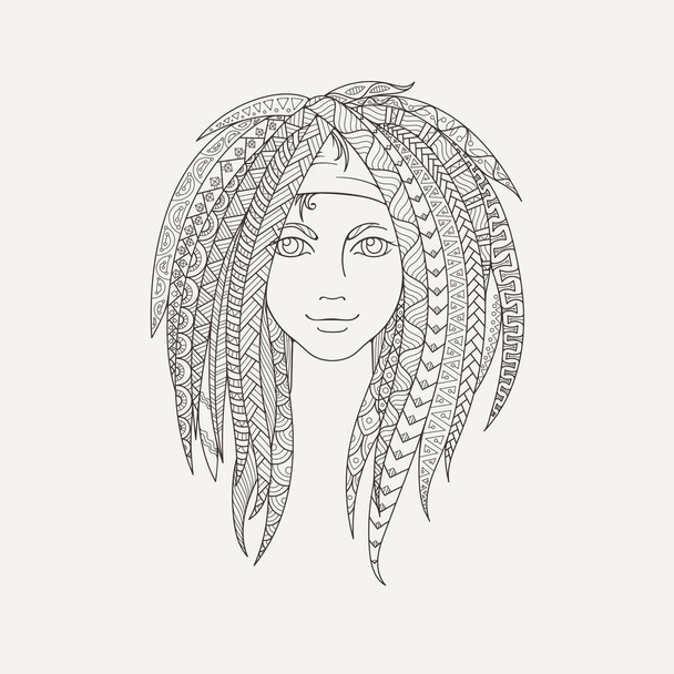 Young girl with patterned zentangle dreadlocks. Ornate hairstyle. - Vector, Image