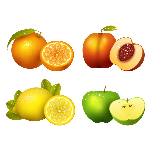 Frutas frescas rebanada realista jugoso saludable vector ilustración vegetariana dieta frescura limón postre
 - Vector, imagen