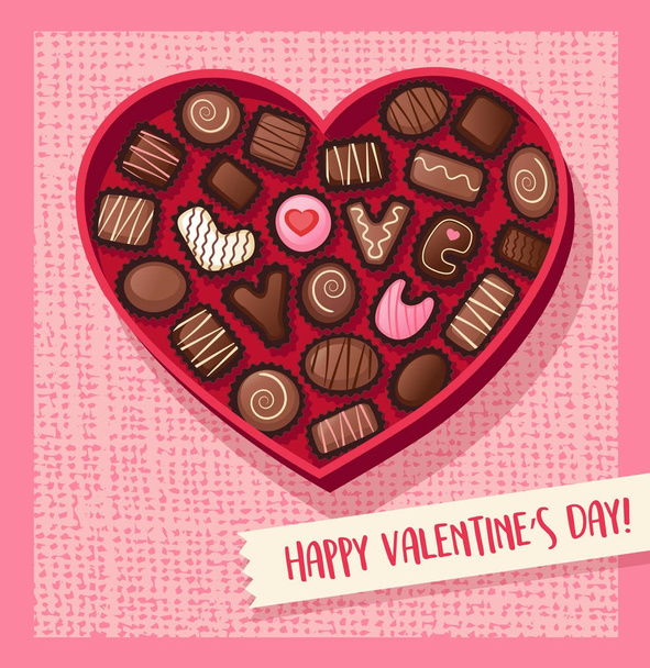Hartvormige Valentijnsdag snoep doos met chocolade bonbons die Love You spellen. Vectorillustratie. - Vector, afbeelding
