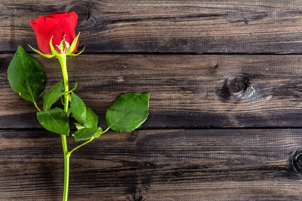 Red roses on wooden background, valentines day card - Foto, Imagem