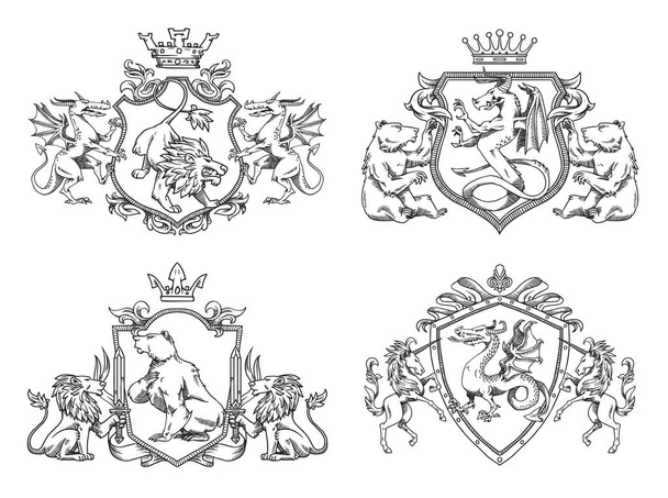 Set of heraldic shields with different animals, line art - Vector, Imagen