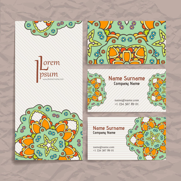 Set of vector design templates. Business card with floral circle ornament. Mandala style. - Vector, Image