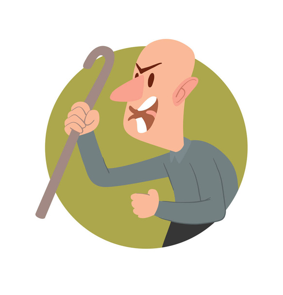 Round frame, funny angry bald old man with a cane - Вектор, зображення