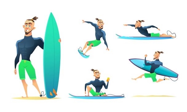 Surfista em diferentes poses dinâmicas, em pé, correndo, flutuando, surfando. Desenho de personagens de desenhos animados, ilustração vetorial
 - Vetor, Imagem