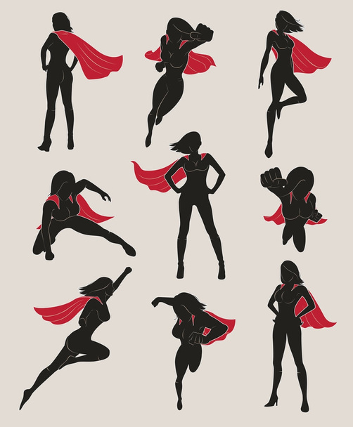 Set of Female Superhero. Black and Red Color. - Vector, Image