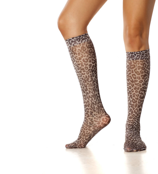 Knee high leopard print nylon socks on female legs - Photo, Image