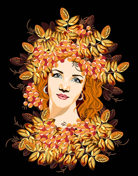 The girl in a wreath of yellow autumn maple leaves - Vector, Image