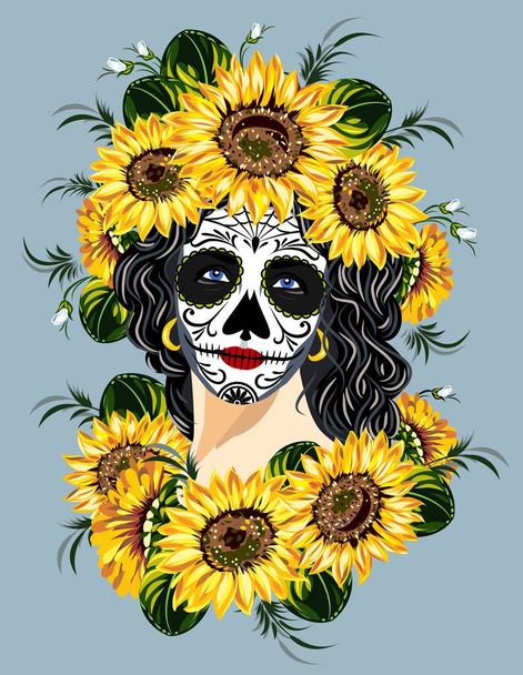 Mexican girl's death in sugar skull make-up - Vector, Image