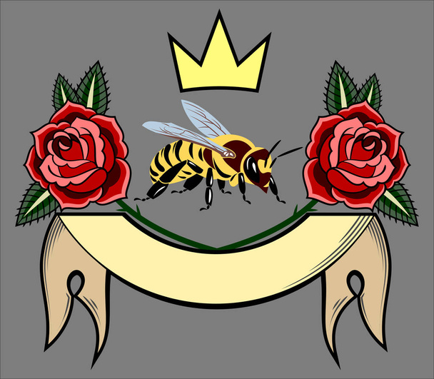 Bee with a golden crown, coat of arms - Vector, Image