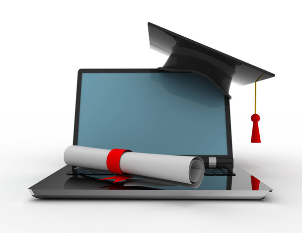 ordinateur portable avec casquette de graduation. Illustration en 3D
 - Photo, image