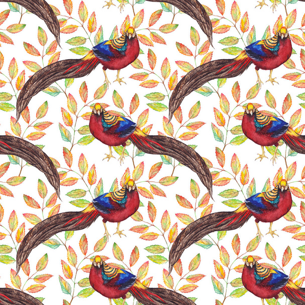 Watercolor animal bird pheasant leaf branch botanical seamless pattern texture background - Foto, Bild