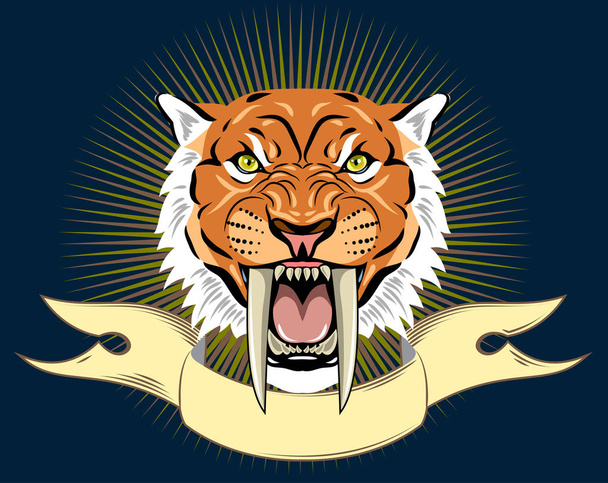 Portret van een grijns, de saber - toothed tijger op de achtergrond van een banner - Vector, afbeelding