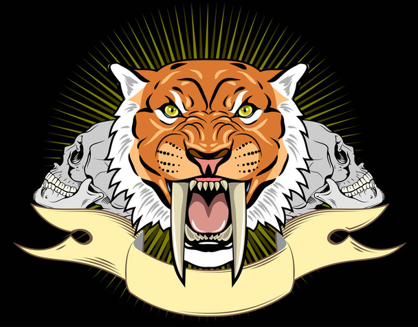 Portrait of a grin, the saber-toothed tiger on the background of a banner - Vector, Image