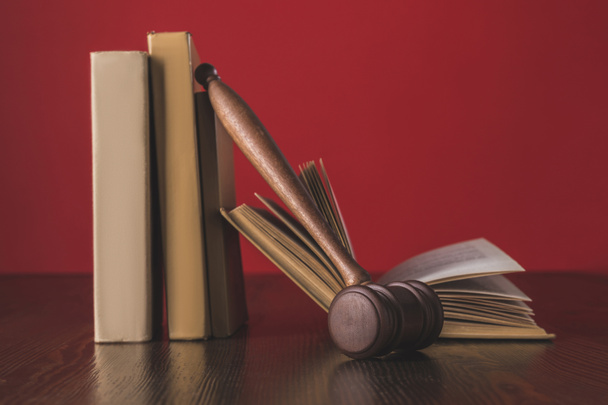juridical books with hammer on wooden table, law concept - Photo, Image
