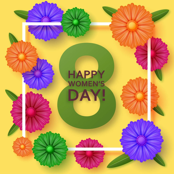 Διεθνής Ημέρα γυναικών ευχετήρια κάρτα. 8 Μαρτίου πρότυπο με φωτεινά λουλούδια - Διάνυσμα, εικόνα