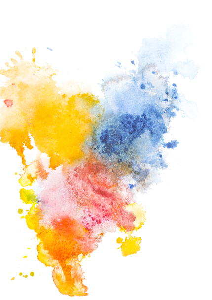 Pittura astratta con macchie di vernice ad acquerello rossa, gialla e blu su bianco
  - Foto, immagini
