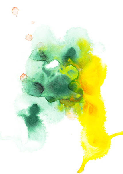 Abstract painting with green and yellow watercolor paint blots on white  - Foto, Imagen