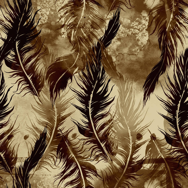 acuarela abstracta y digital dibujado a mano patrón sin costuras con impresiones de plumas de aves voladoras
  - Foto, Imagen