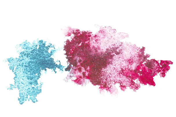 abstrakte Malerei mit blauen und rosa Farbklecksen auf Weiß  - Foto, Bild