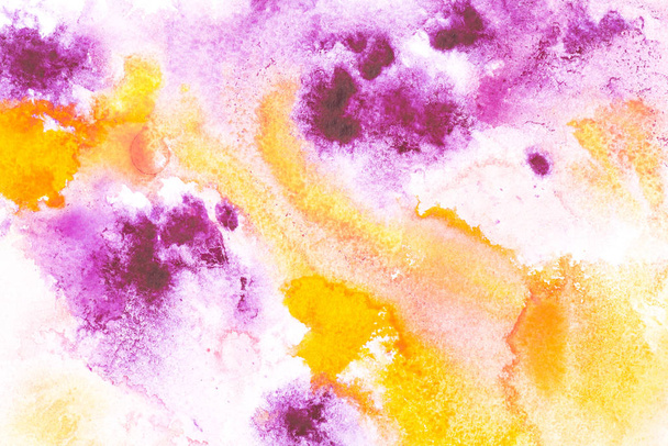 Abstract painting with bright yellow and purple paint blots on white   - Valokuva, kuva
