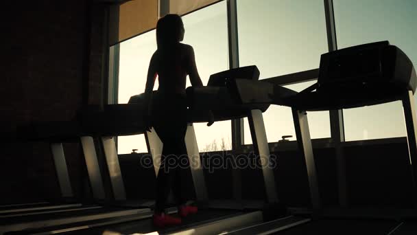 silueta dívky na běžícím pásu. mladá žena chodí na běžícím pásu v posilovně. kardio cvičení v tělocvičně - Záběry, video