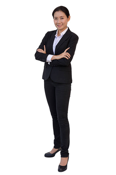 happy young businesswoman with hands up, isolated background wit - Photo, Image