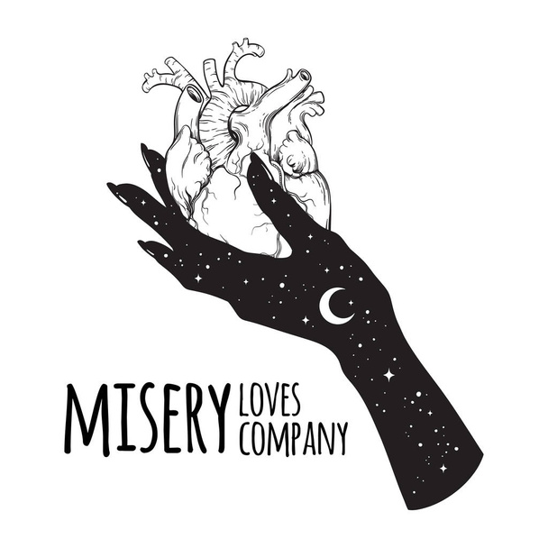 Human heart in hand of misery, obscurity, depression. Misery loves company. Sticker, print or blackwork tattoo hand drawn vector illustration - Vector, Image