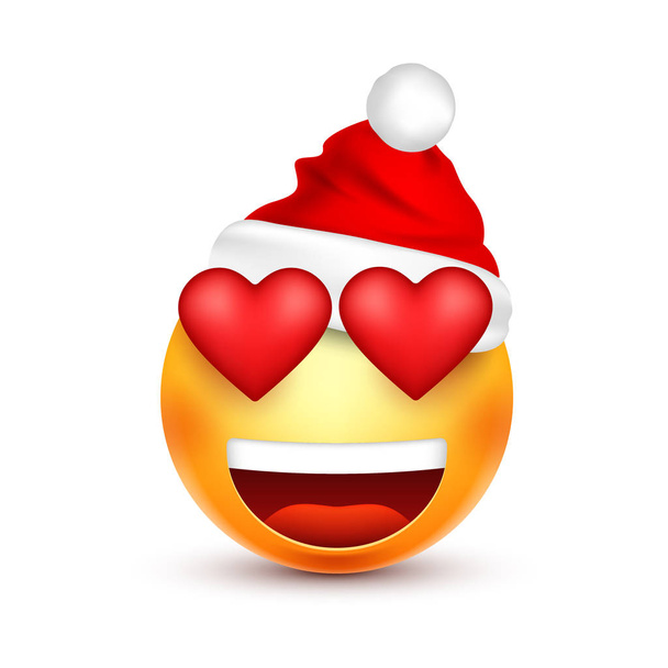 Smiley, emotikony. Żółty emoji, twarz z emocji i Boże Narodzenie kapelusz. Nowy rok, Santa.Winter. Smutny, zadowolony, zły twarze. Zabawnych kreskówek. Nastrój. Wektor. - Wektor, obraz