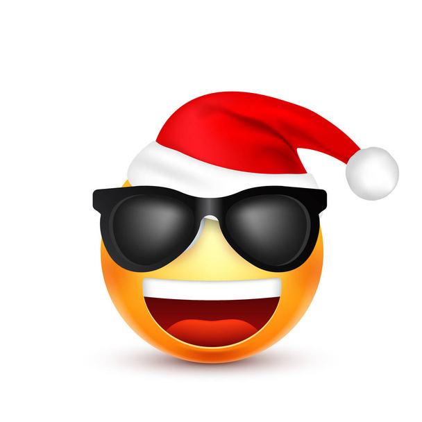 Sonriente, emoticono. Emoji amarillo, cara con emociones y sombrero de Navidad. Año Nuevo, Santa. Invierno. Caras tristes, felices, enojadas.Personaje divertido de la historieta. Vector
. - Vector, Imagen