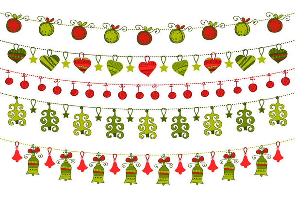 Cartão de saudação com ornamentos de Natal pendurados
 - Vetor, Imagem