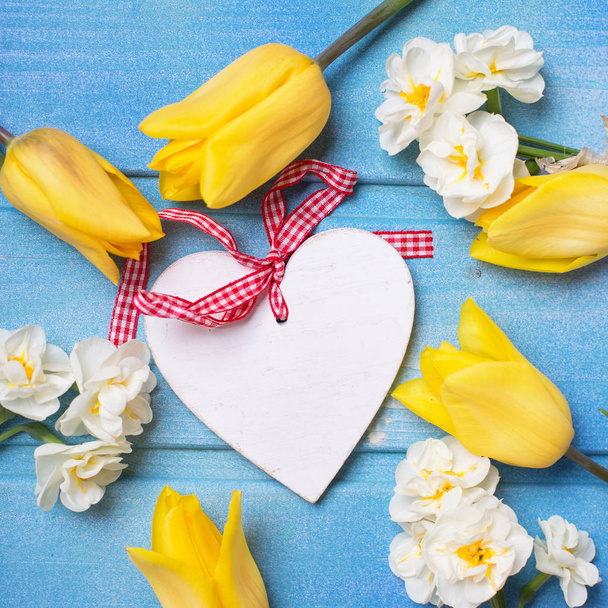 Coeur décoratif et tulipes jaunes et jonquilles sur fond de bois bleu
 - Photo, image