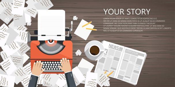 Schreiben Sie Ihr Story Business Banner für den Journalismus. Flache Vektorabbildung - Vektor, Bild