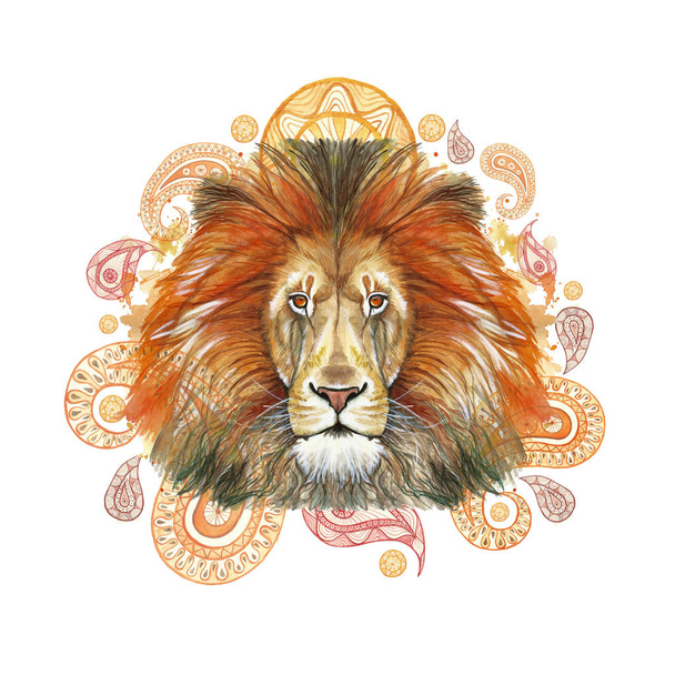 Desenho aquarela de um animal predador de mamíferos, leão-turquesa, crina-azul-turquesa, leão-rei das bestas, retrato de majestade, força, reino, Índia, padrões indianos, com elementos de pepino turco sobre fundo branco
 - Foto, Imagem