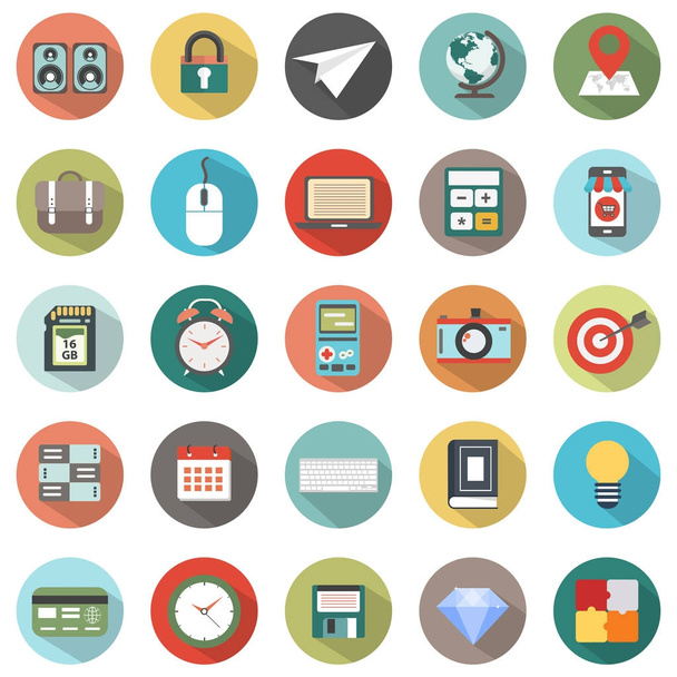 Modern flat icons vector collection with long shadow effect in stylish colors of web design objects. Icons for  business, office and marketing items. - Vector, Image