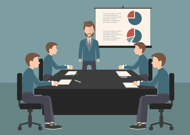オフィスでのビジネスミーティング、プレゼンテーションまたは会議。ビジネスプランの概念について議論するビジネスの人々。平面ベクトル図 - ベクター画像
