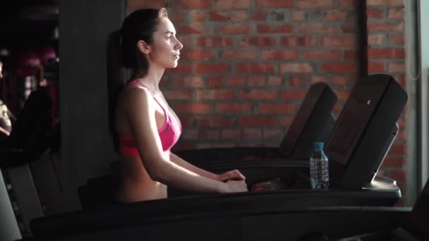 Młoda kobieta idzie na bieżni na siłowni. ćwiczenia cardio, siłownia - Materiał filmowy, wideo