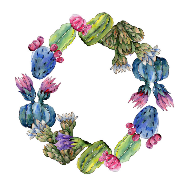 Wildflower cactus flower wreath in a watercolor style. - Photo, Image