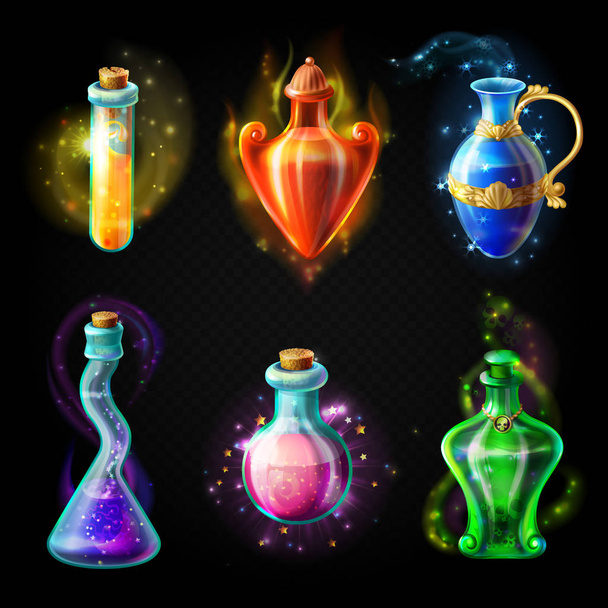 Glass bottles with a magical potion - Vetor, Imagem