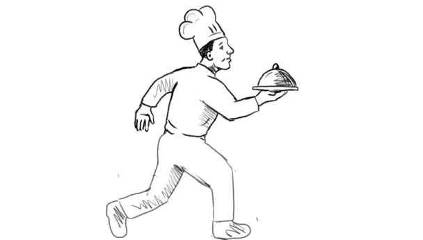 2d графика анимации движения показывая мультфильм шеф-повар или повар работает и доставляя еду блюдо боковой вид, сделанный в стиле рисования на белом экране и зеленом экране в HD 1080p высокой четкости
. - Кадры, видео