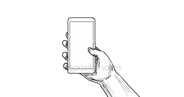 2D animatie bewegende beelden tonen een hand met mobiele telefoon of mobiele telefoon gedaan in stijl puttend uit wit scherm, groen scherm met alpha matte in 4k ultra-hoge-definitie. - Video