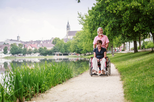 Senior Couple In Wheelchair, Enjoying A Day In The Park - Foto, afbeelding