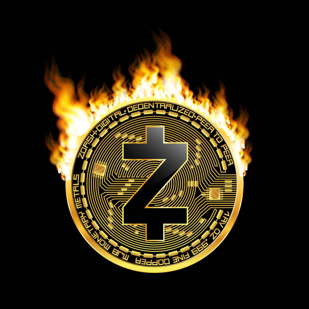 Crypto currency zcash golden symbol on fire - Vetor, Imagem
