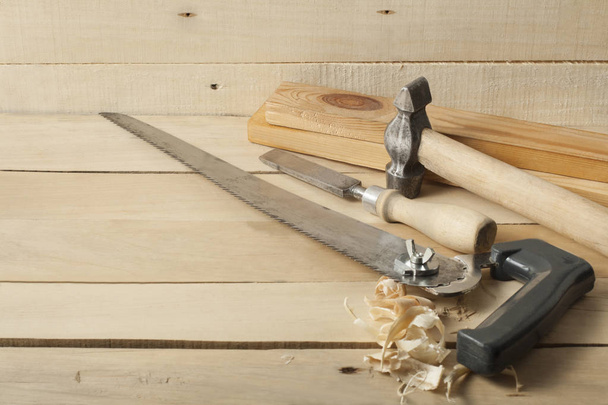 Construction tools on wooden background.Copy space for text. - Valokuva, kuva