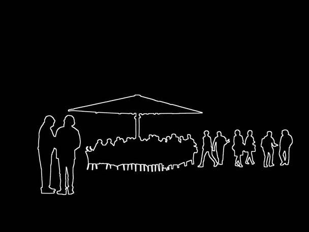 Silhuetas de pessoas na cidade falando e sentado em um café contornos brancos em preto ilustração de fundo abstrato
. - Foto, Imagem