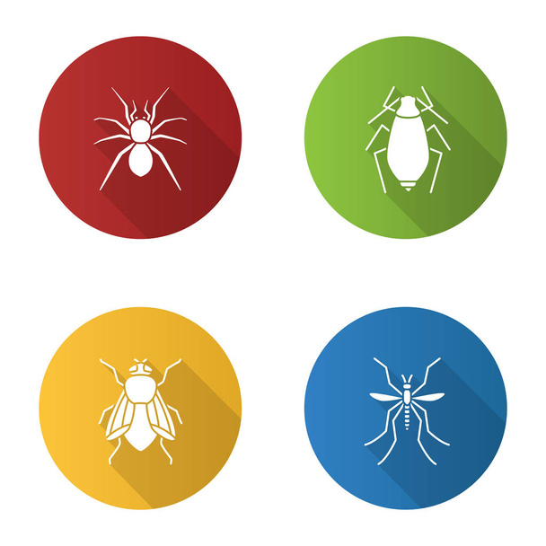 Insects flat design long shadow glyph icons set. Spider, aphid, housefly, mosquito. Vector silhouette illustration - Vector, afbeelding