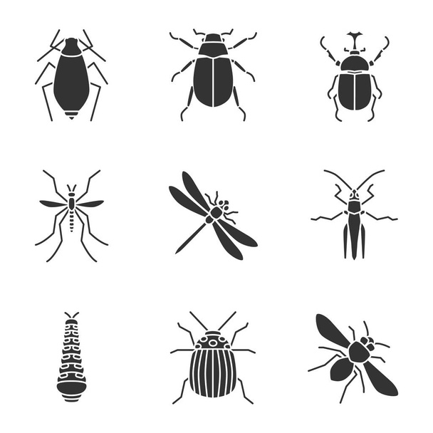 Insects glyph icons set. Aphid, maybug, hercules bug, mosquito, dragonfly, caterpillar, colorado beetle, grasshopper, honey bee. Silhouette symbols. Vector isolated illustration - Vettoriali, immagini